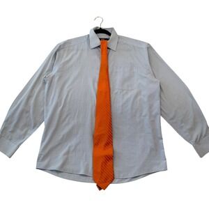Marks & Spencer‎ Dress Shirt Tie Set Blue Micro Check Orange Striped 15.5 39-40